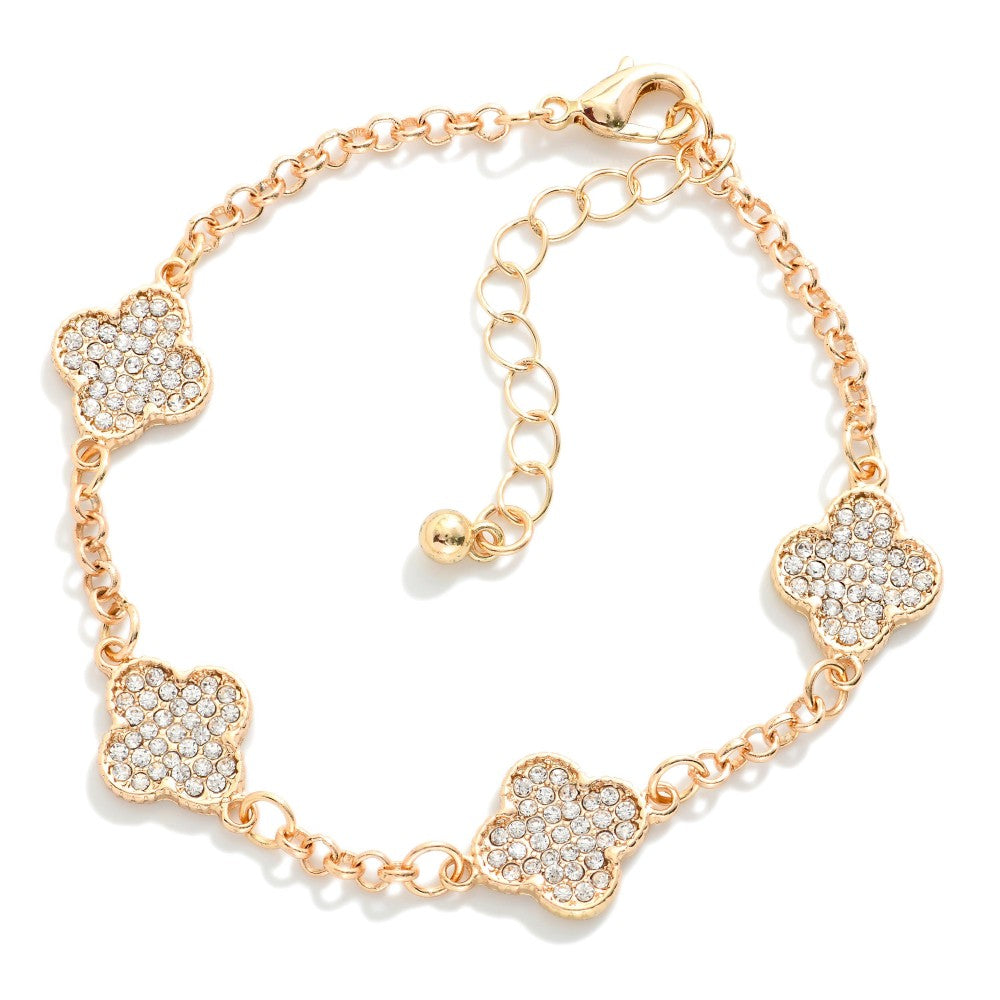 Chain Link Bracelet Featuring Pave Rhinestone Clover Stations Gold
