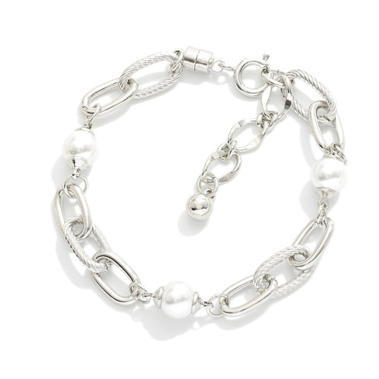Magnetic Chain Link Bracelet Featuring Pearl Stations Silver