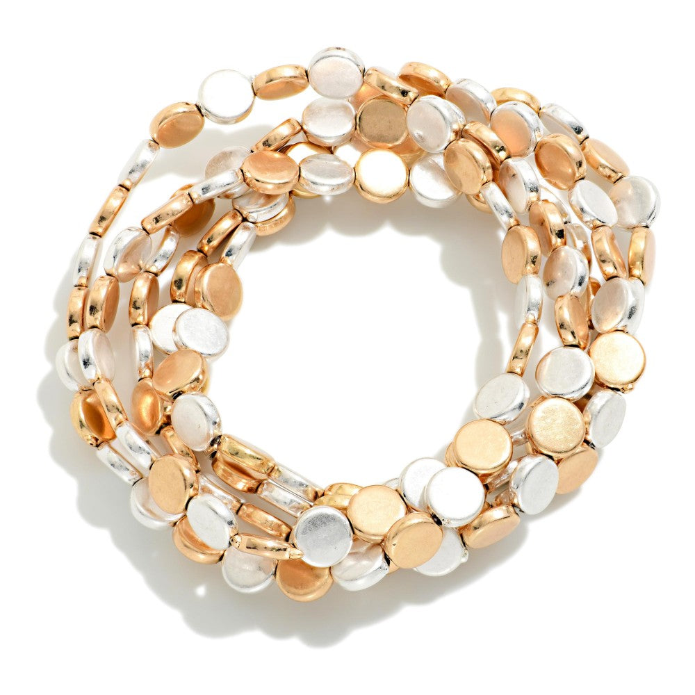 Set Of Five Metal Tone Flat Bead Beaded Stretch Bracelets Two Tone