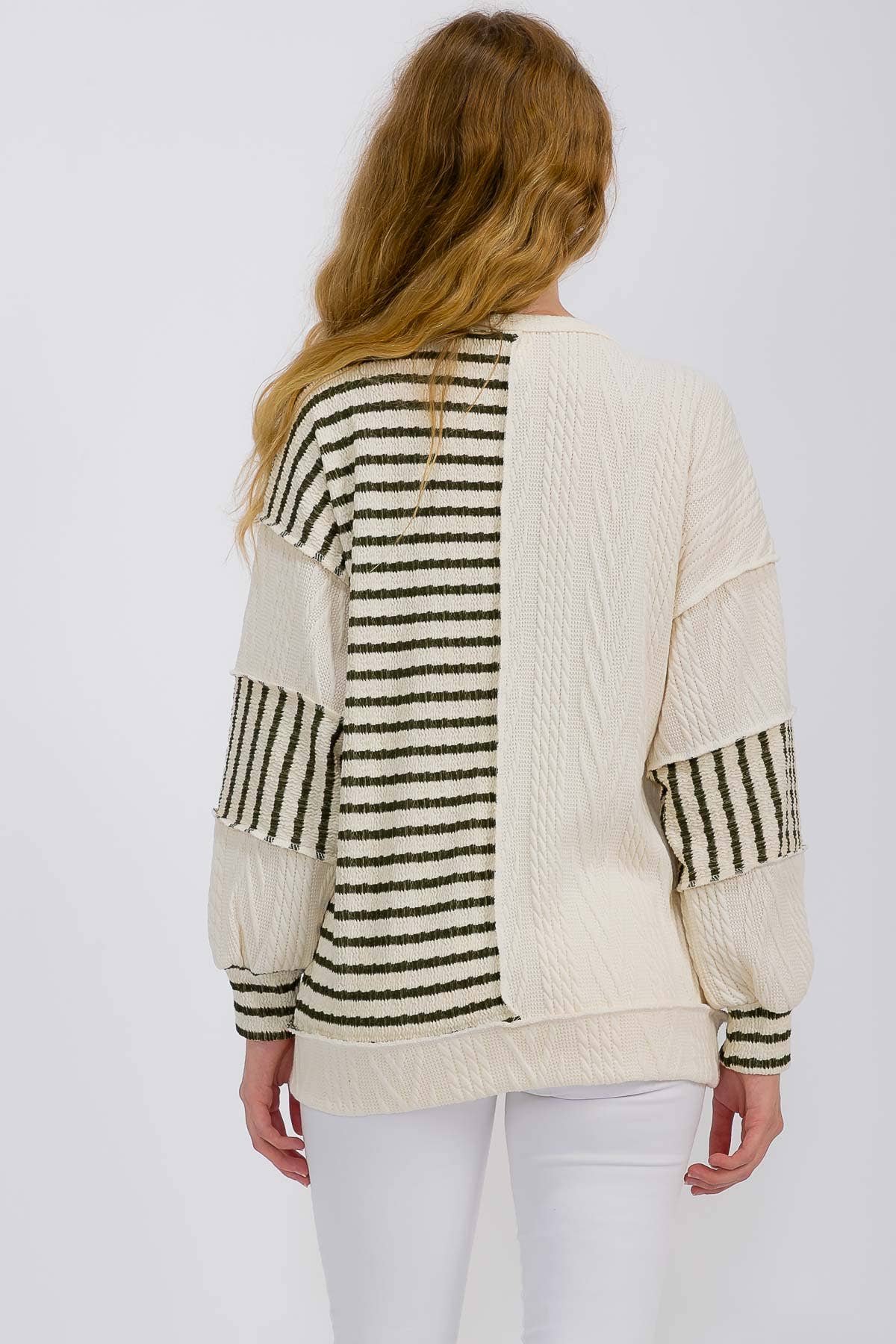 Stripe Cable Knit Patchwork Button Front Pullover Top Olive