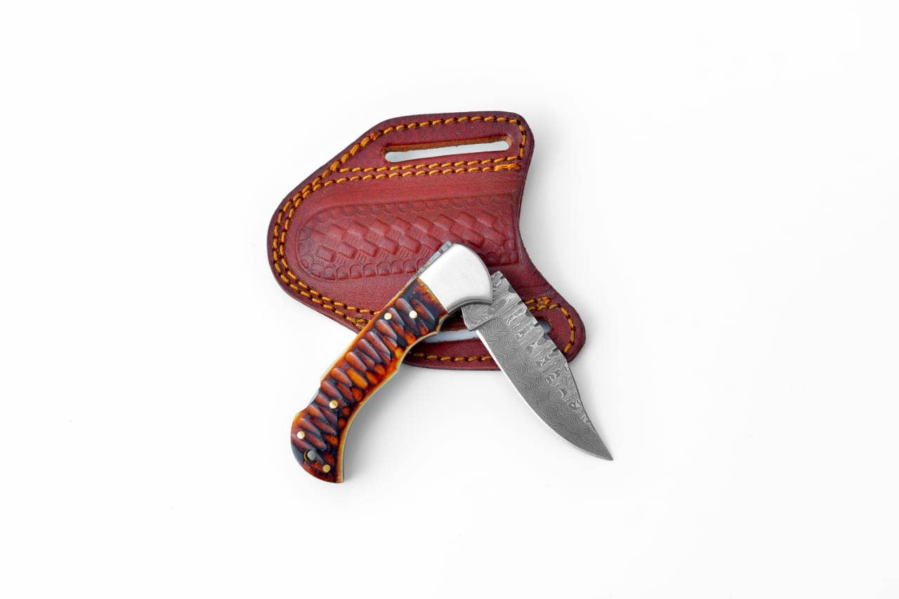 Stag Horn Style Damascus Folding Knife with Leather Sheath