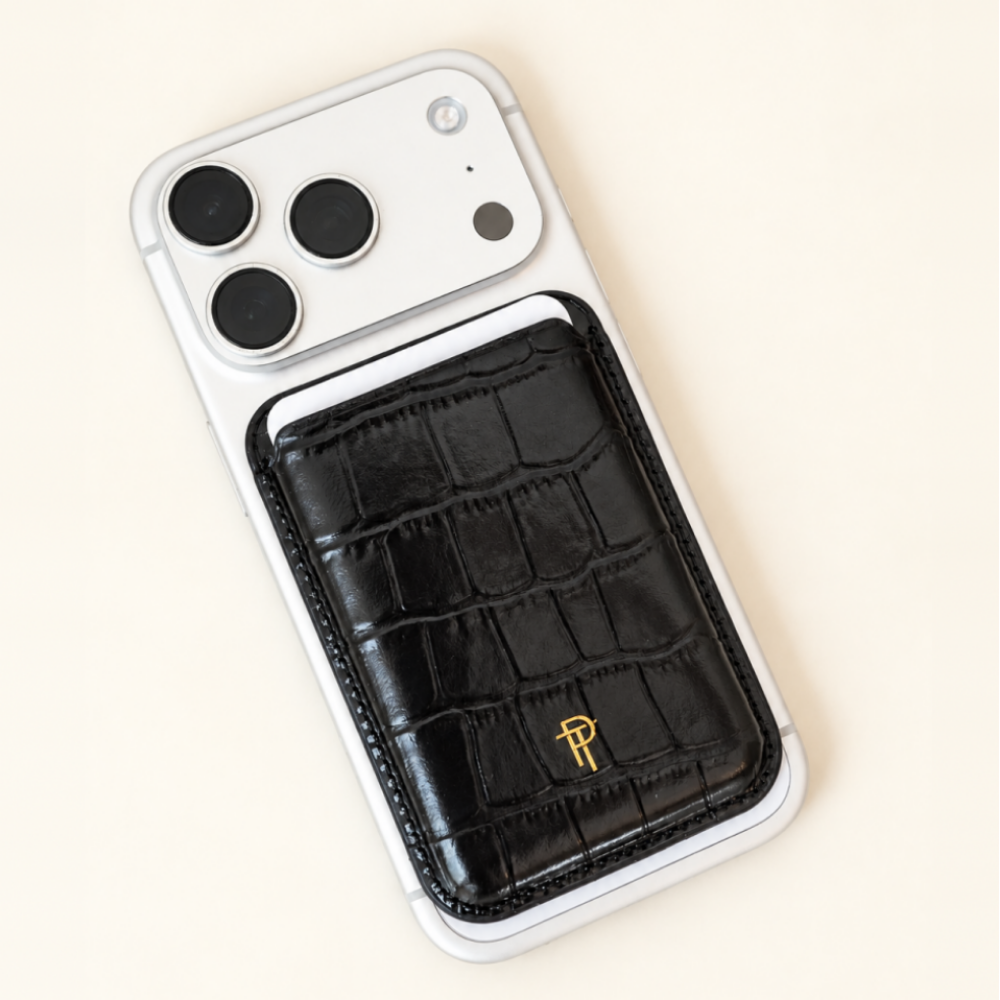 Croc Leather Magnetic Phone Wallet: Black Posh Tech