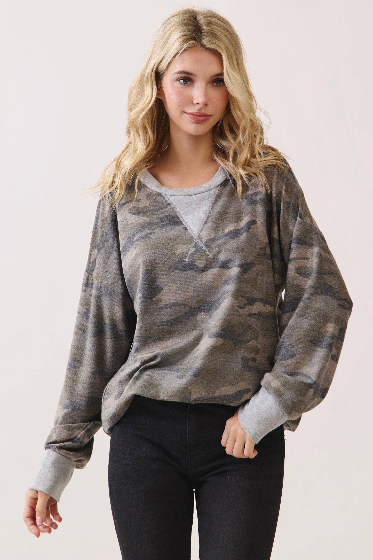Camo Terry Knit Pullover Top Heather Grey/Camo