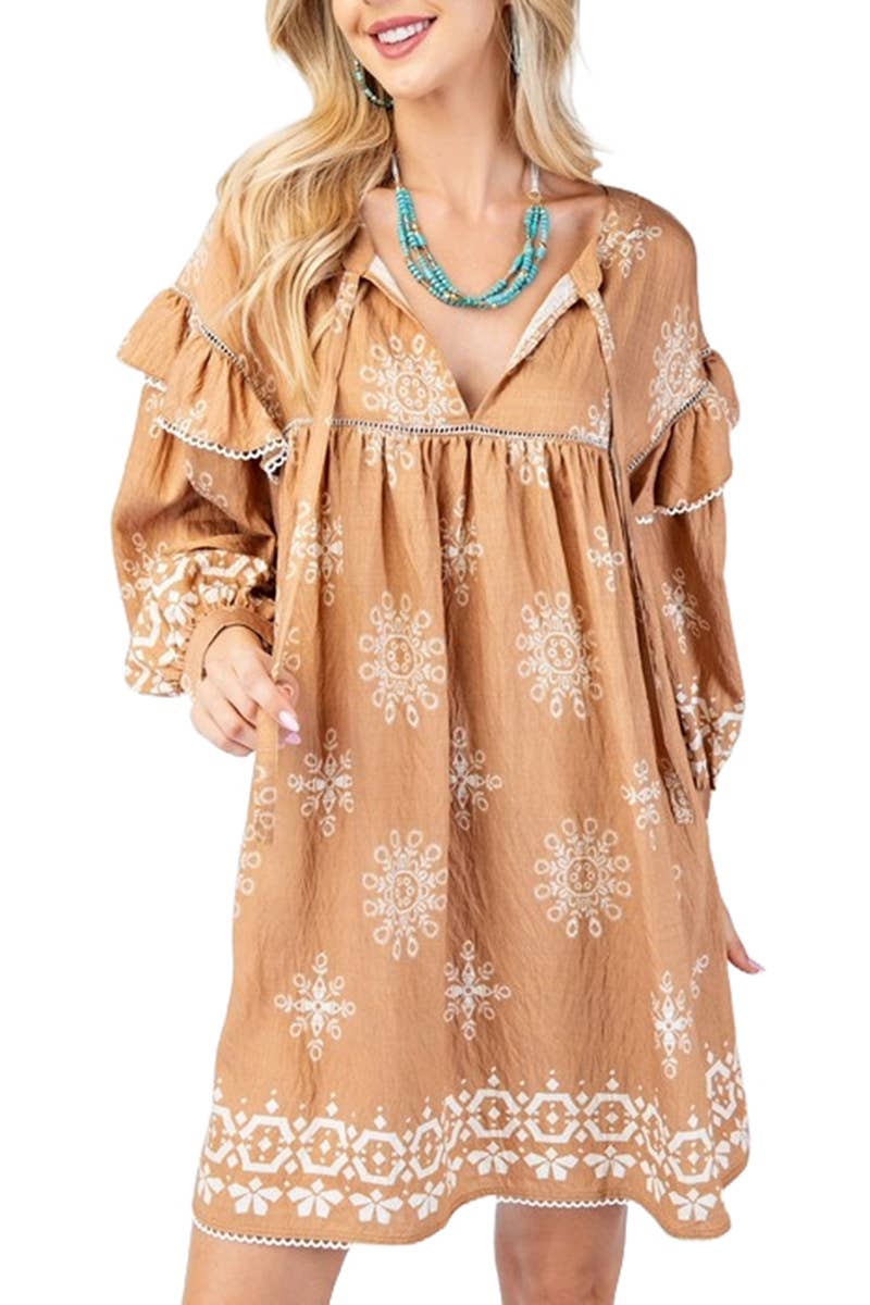 Long Sleeve Babydoll Dress: CAMEL