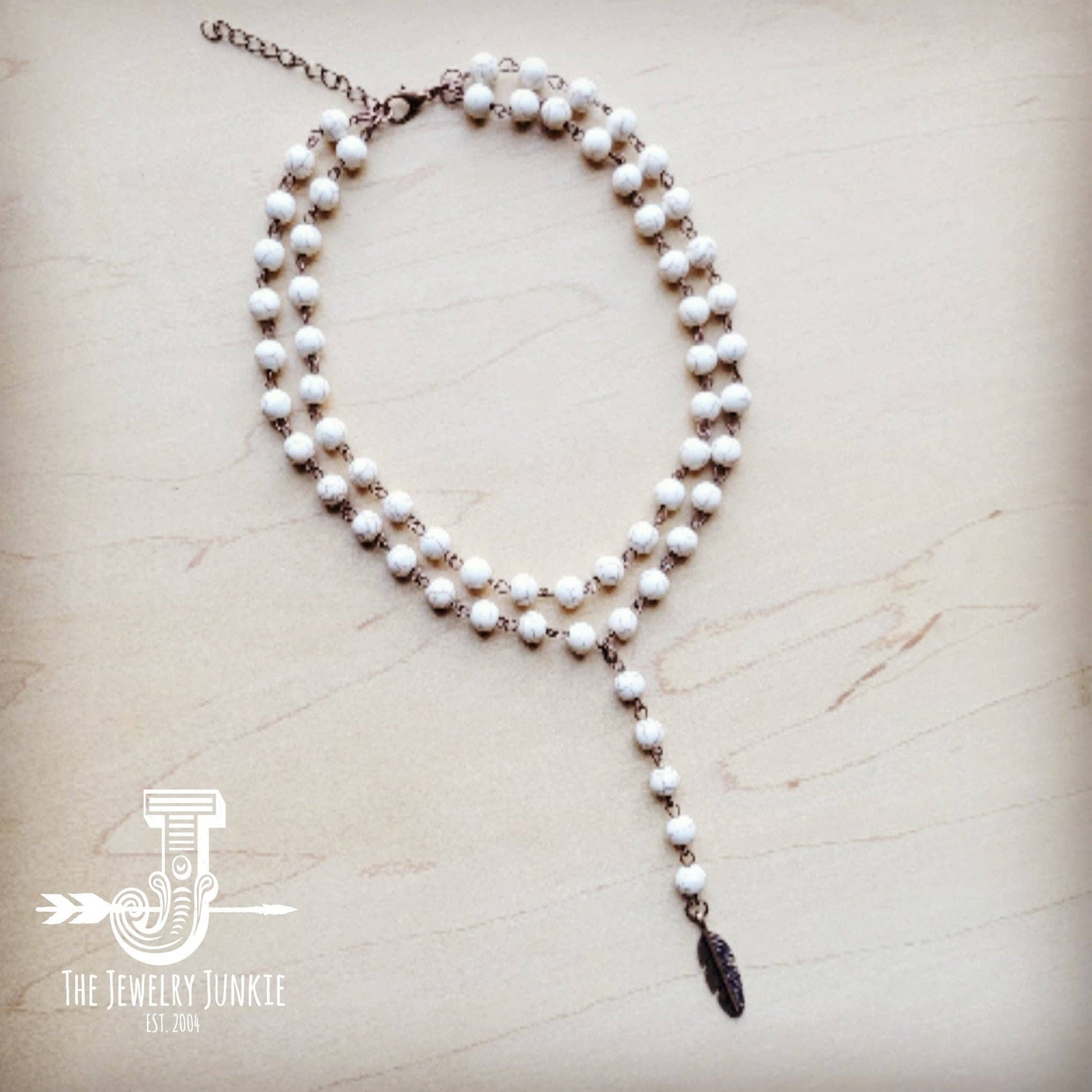 Double Strand Lariat White Turquoise Necklace Feather Charm