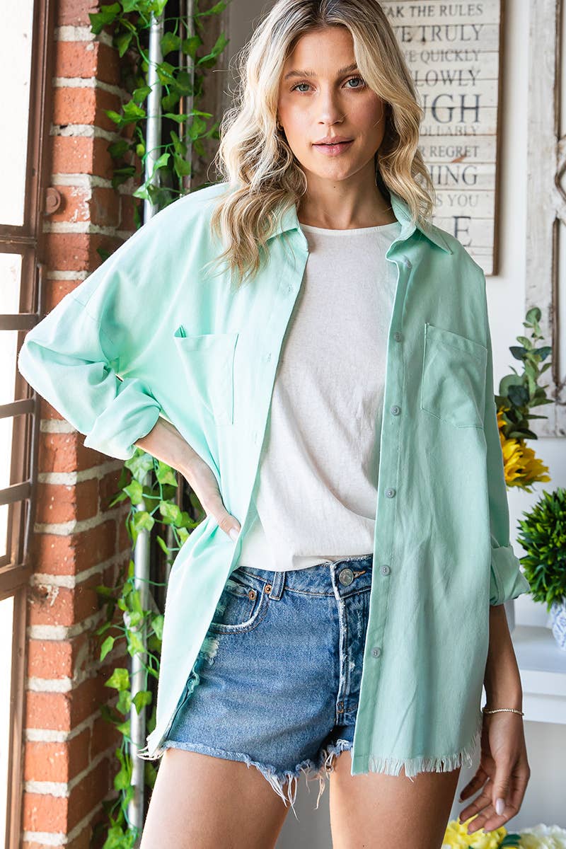 Mint Solid Frayed Hem Long Sleeve Button Down Shirt