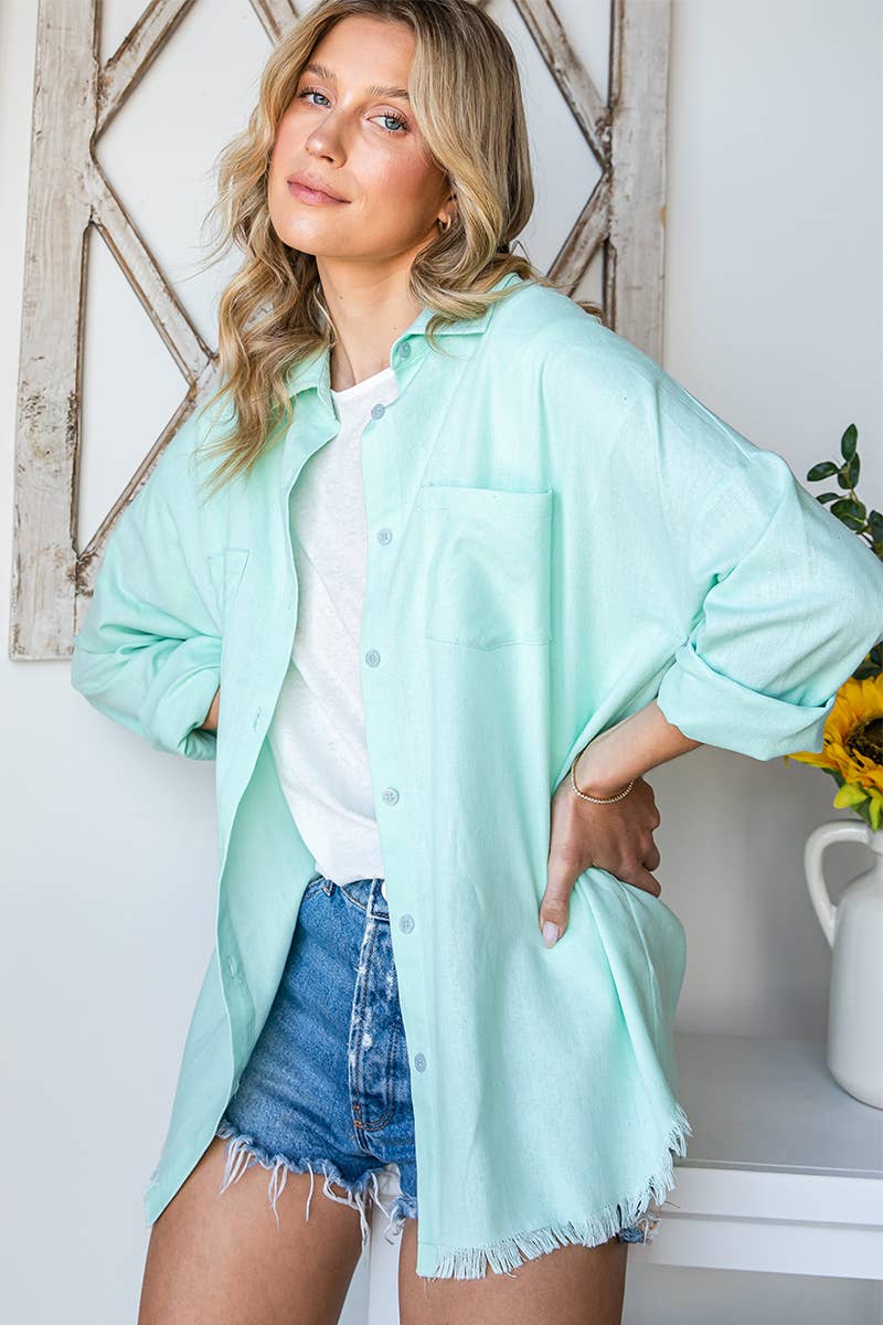 Mint Solid Frayed Hem Long Sleeve Button Down Shirt