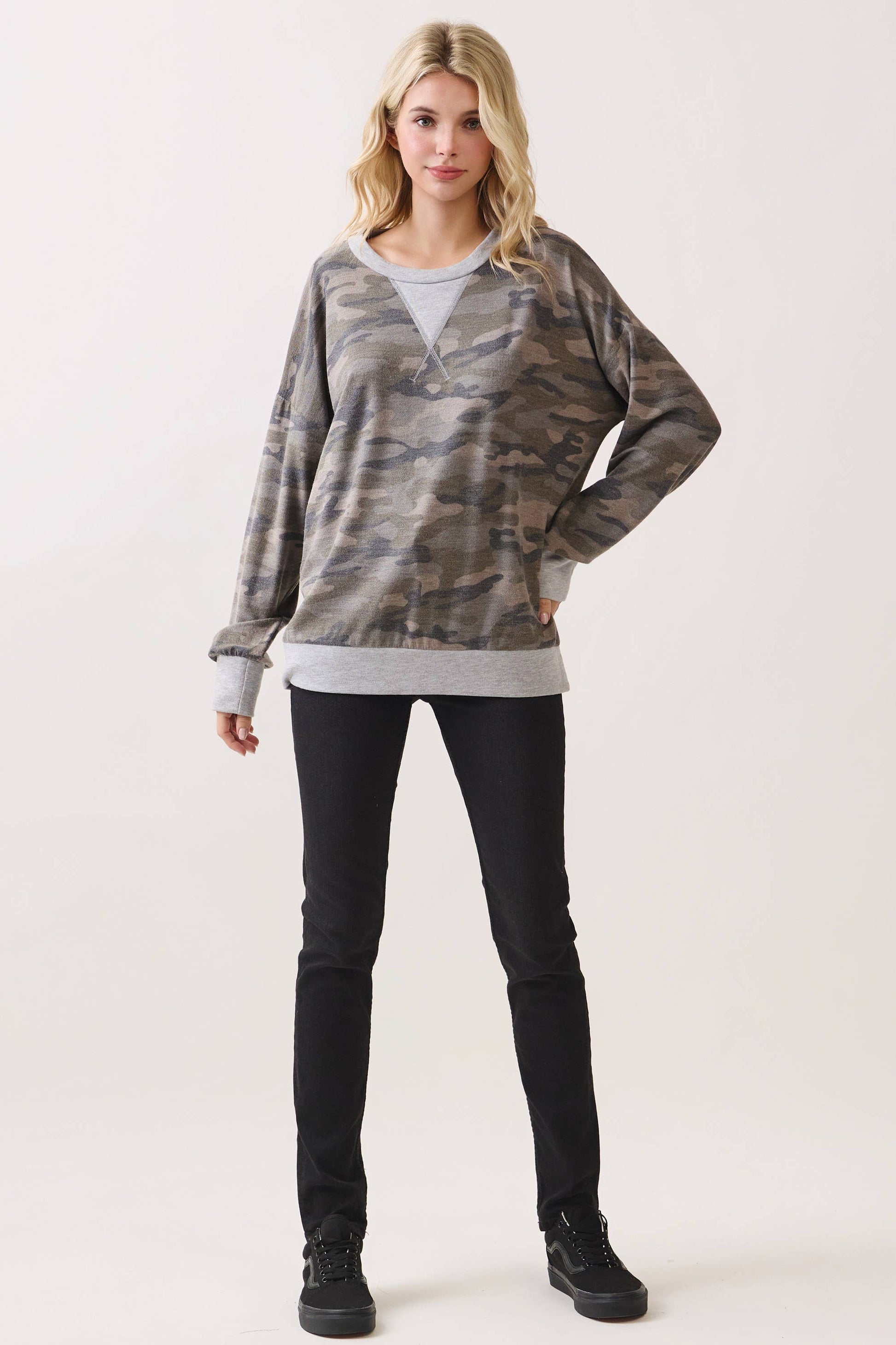 Camo Terry Knit Pullover Top Heather Grey/Camo