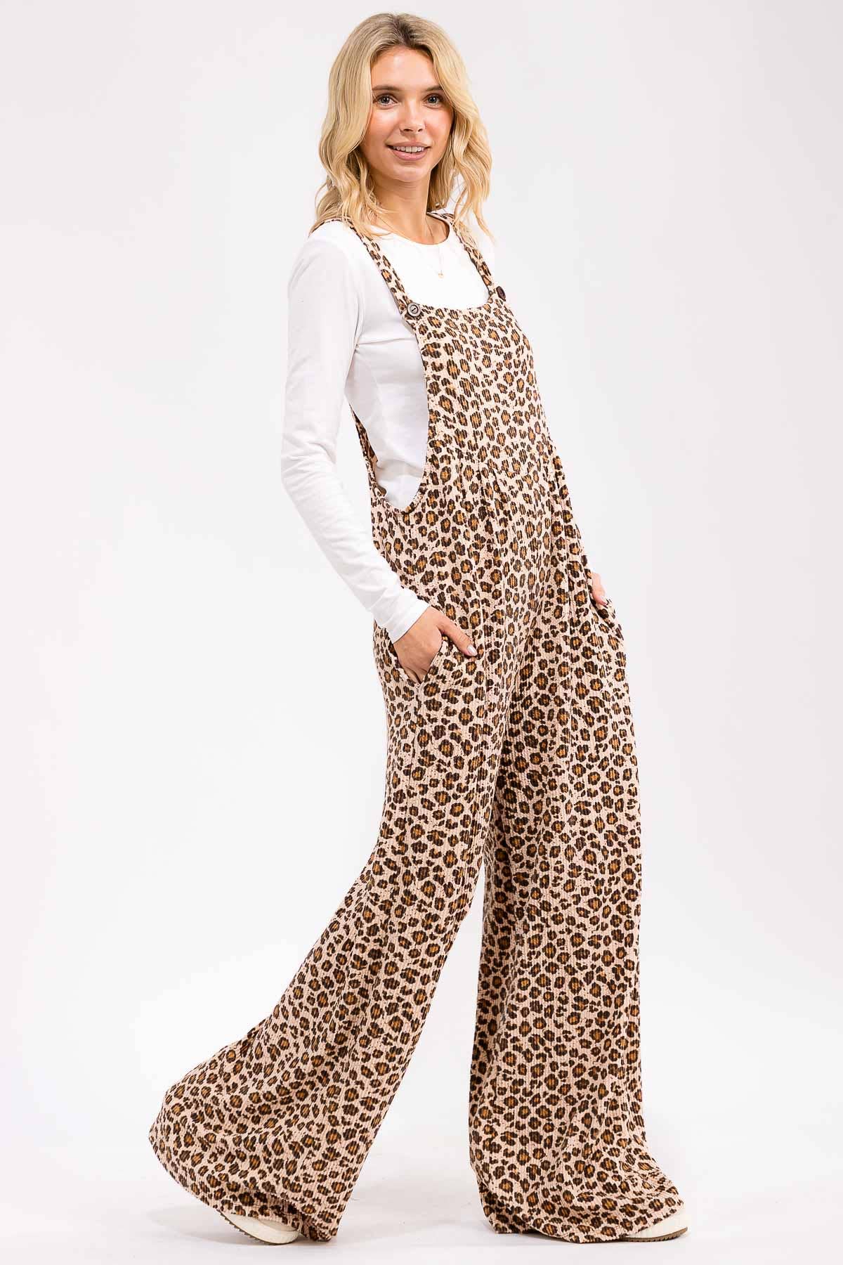 Leopard Print Wide Leg Overall Jumpsuit: As Shown