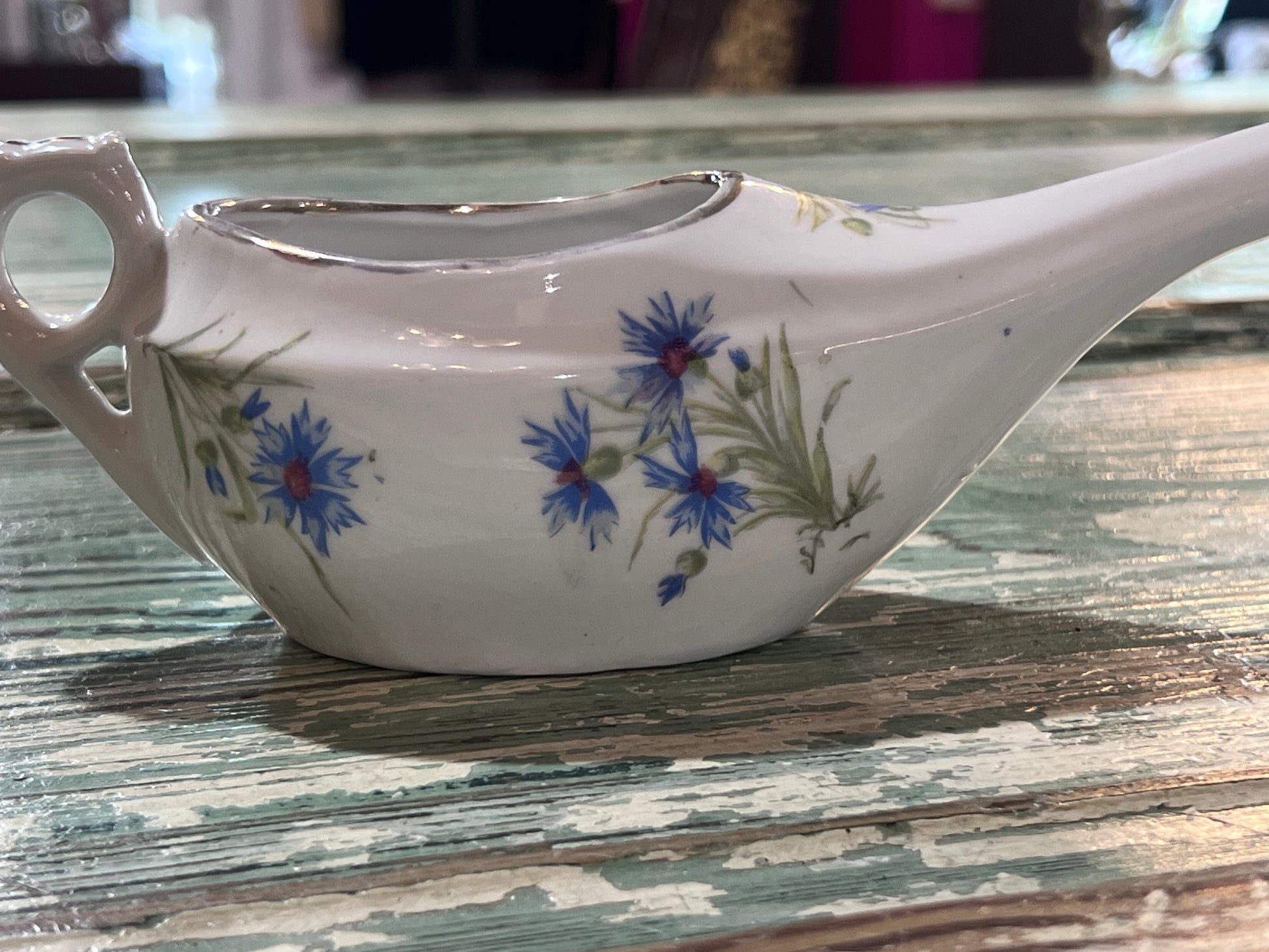 Antique Baby Invalid Feeder Cup Gold Rimmed Blue Green Florals Porcelain
