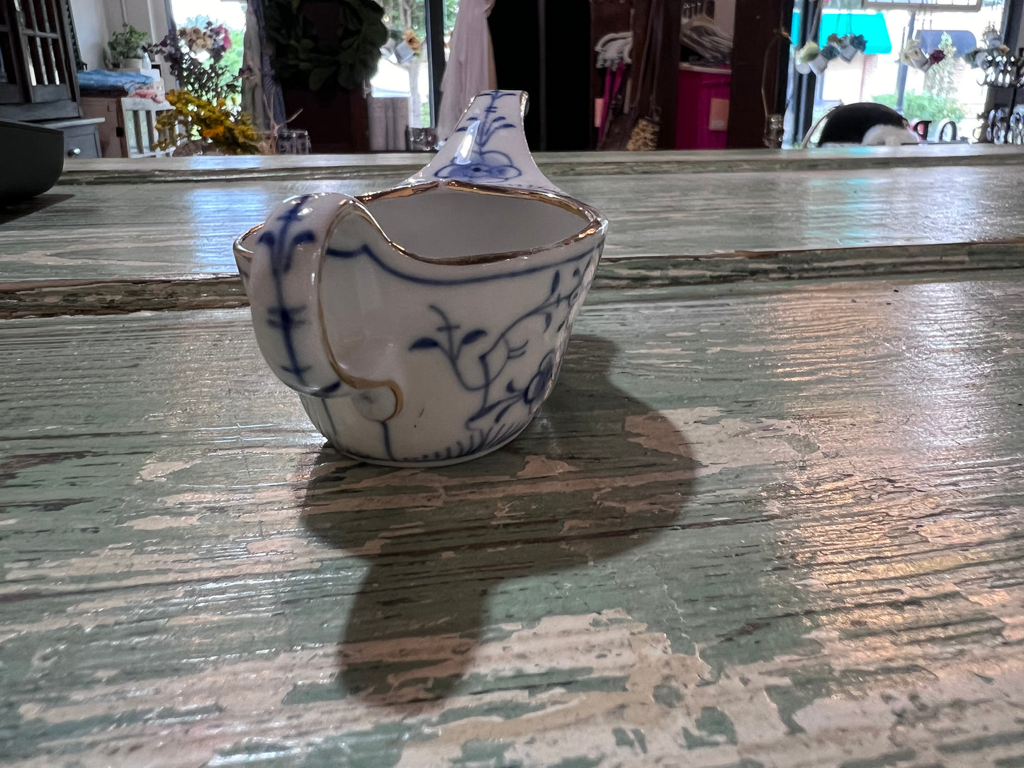 Antique Baby Invalid Feeder Cup Gold Rimmed Blue Florals Porcelain Made in Germany WT&O