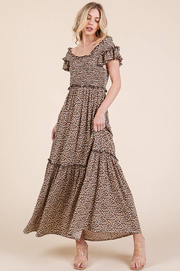 Leopard Ruffle Sleeve Tiered Maxi Dress