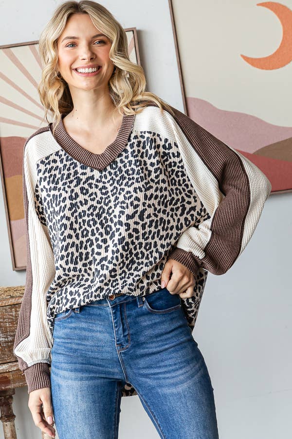 Animal Color Block V Neck Long Sleeve Pullover Top: Cream