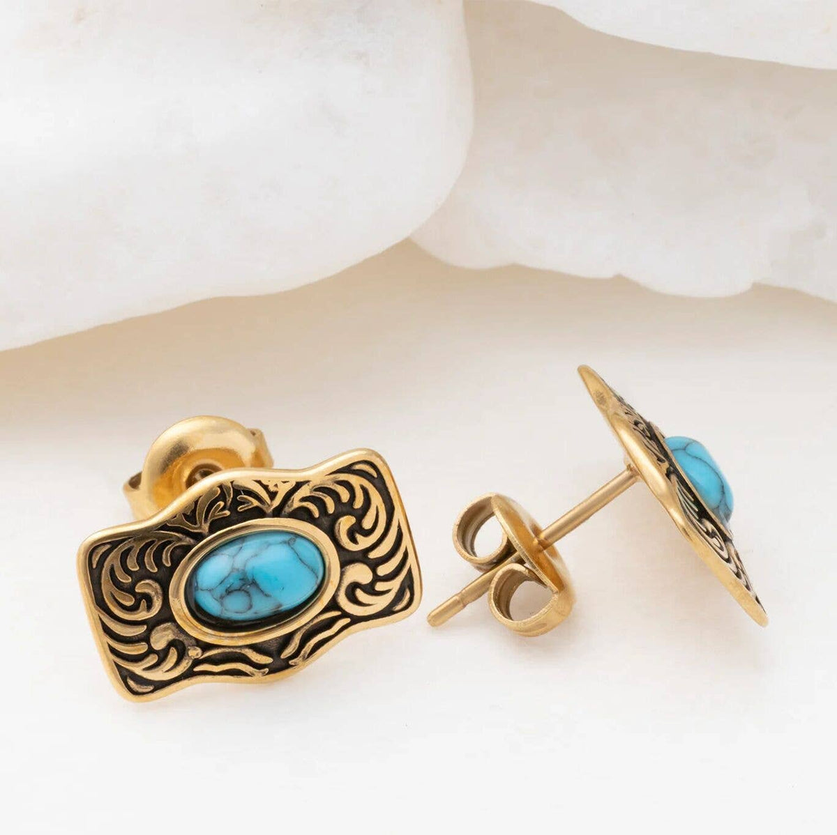 Gold Stainless Steel Turquoise Stone Buckle Stud Earrings: Gold WJW