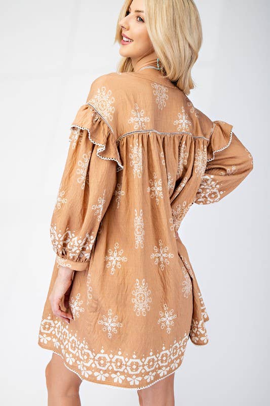 Long Sleeve Babydoll Dress: CAMEL