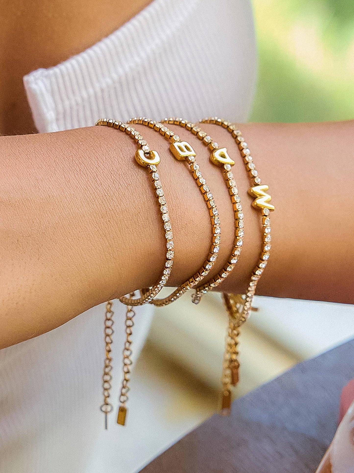 Chaplin 18K Gold Non-Tarnish Rhinestone Letter Bracelet: Yellow Gold / M