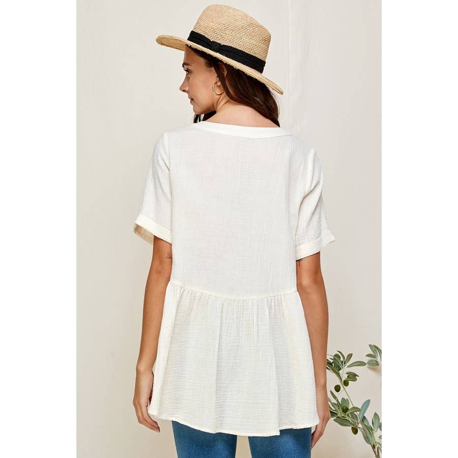 Loose Fit Ivory V-Neck Short Sleeve Button Down Top
