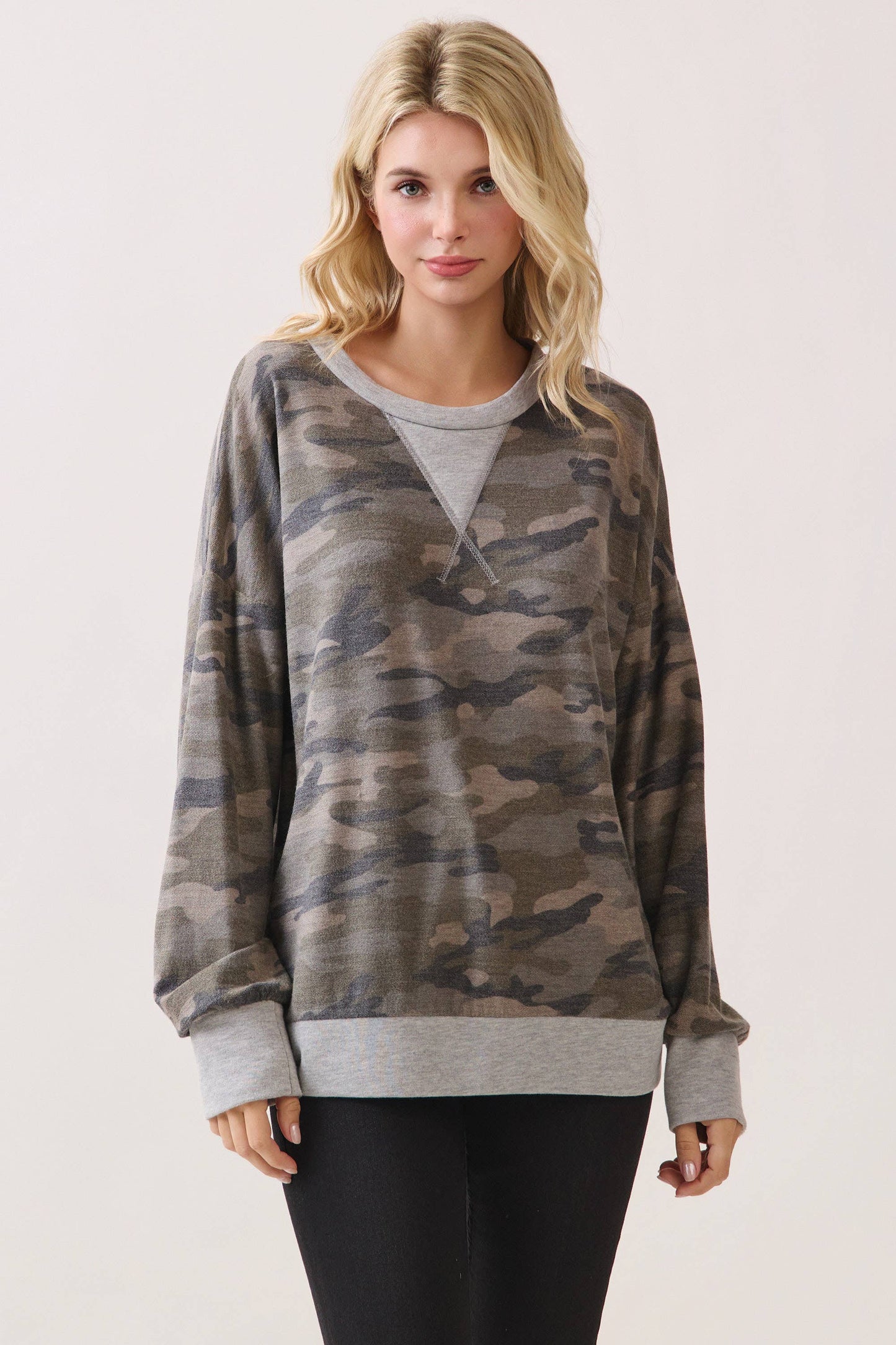 Camo Terry Knit Pullover Top Heather Grey/Camo