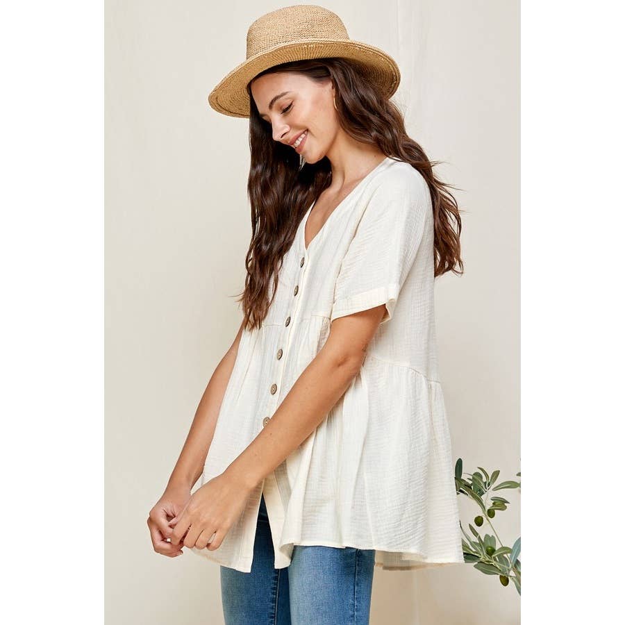 Loose Fit Ivory V-Neck Short Sleeve Button Down Top