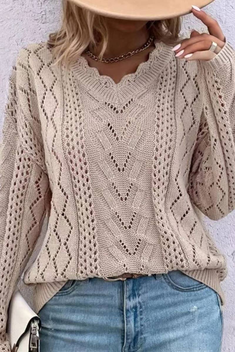 CUT-OUT V-NECK SWEATER WITH EVERYTHING: KHAKI / XL