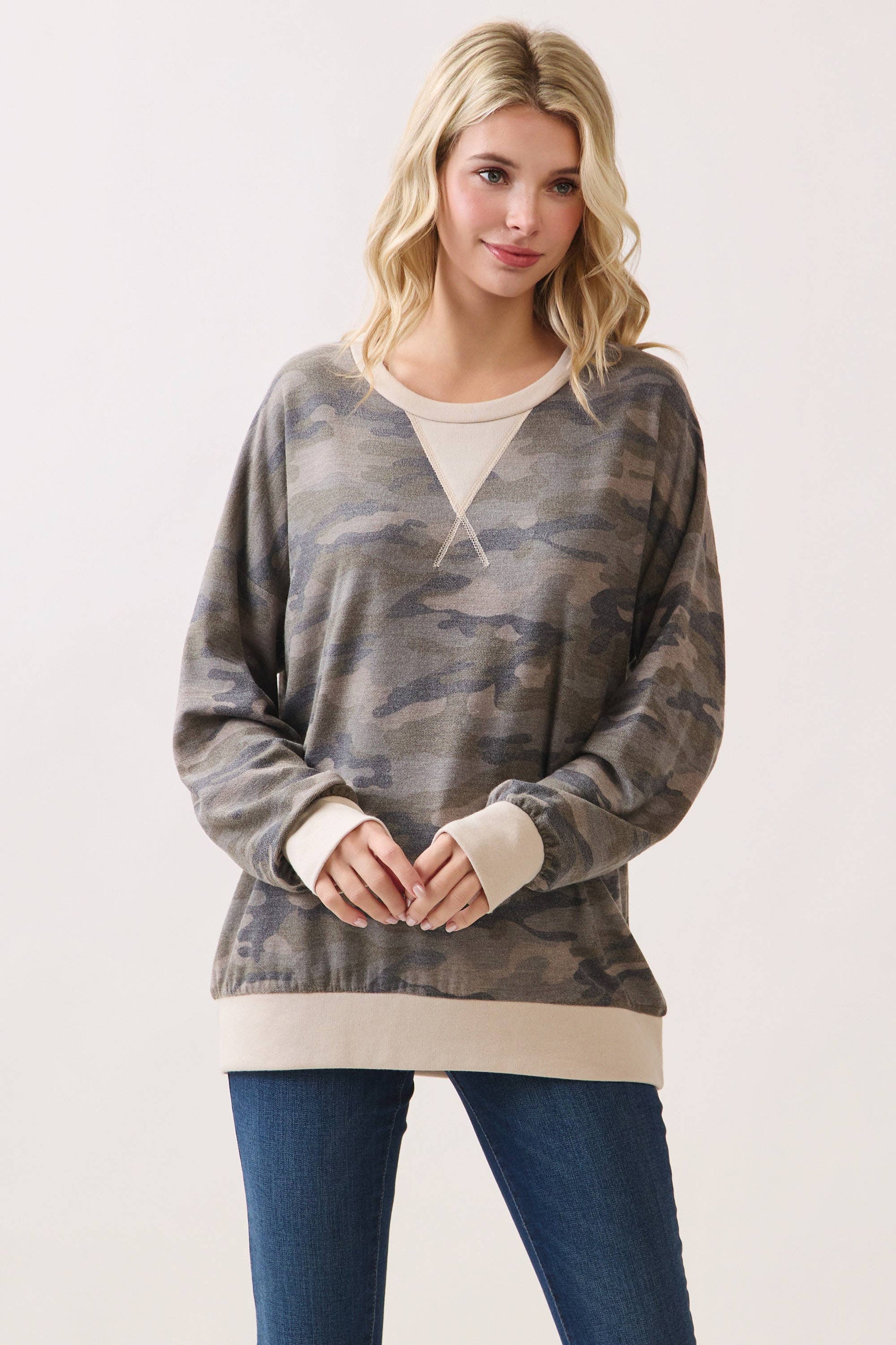 Camo Terry Knit Pullover Top: Camo/Beige