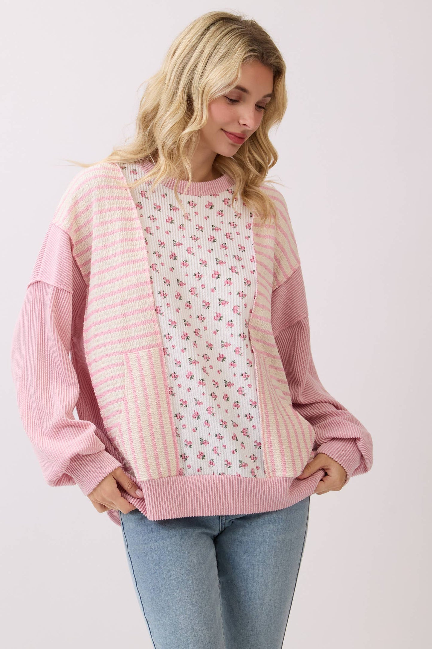 Fondant Pink Floral Rib Patchwork Pullover Top