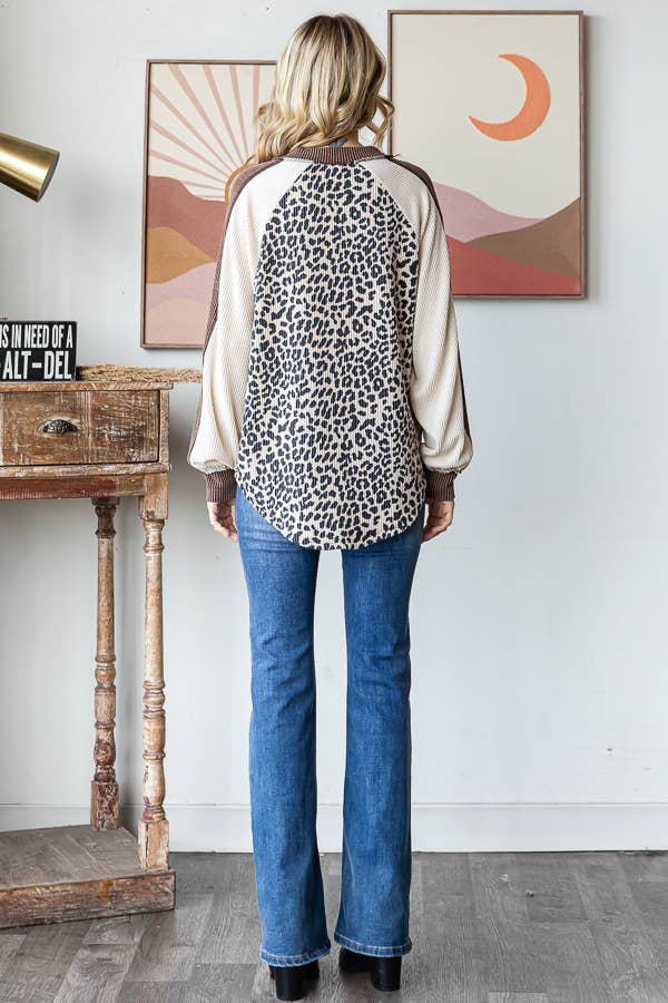 Animal Color Block V Neck Long Sleeve Pullover Top: Cream