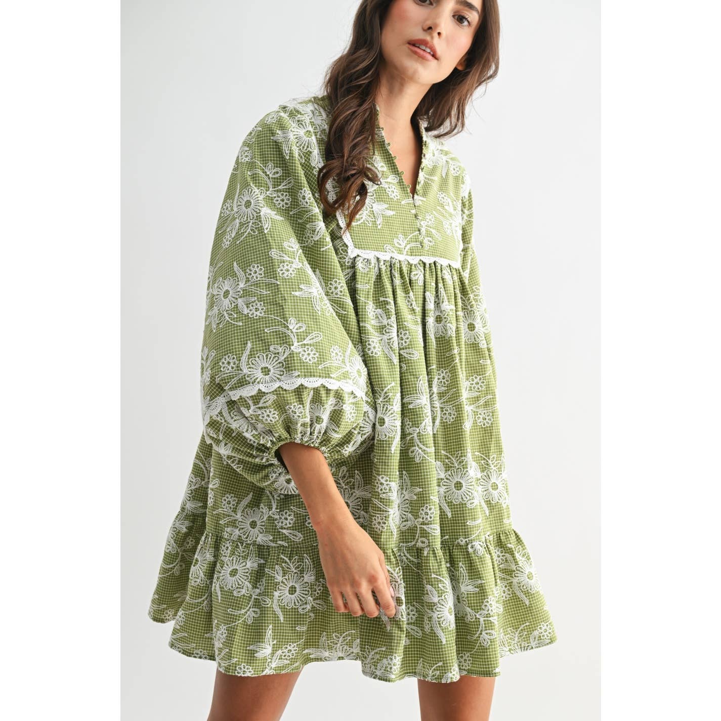 Embroidered Dress with Balloon Sleeves: Green