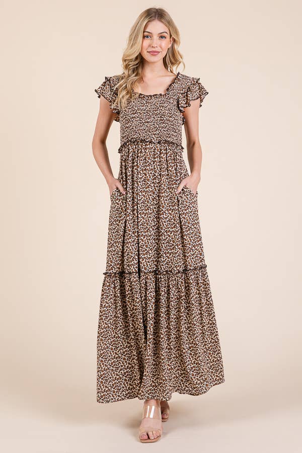 Leopard Ruffle Sleeve Tiered Maxi Dress