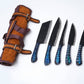 5-Piece Hand-Forged Kitchen Knife Set - Dragon Scale Carbon Steel - Blue Diamond wood Handles & Leather roll 