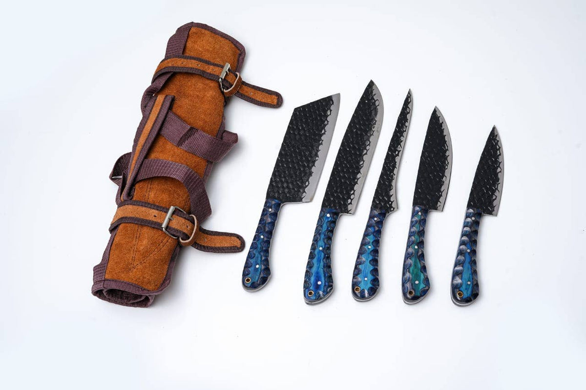 5-Piece Hand-Forged Kitchen Knife Set - Dragon Scale Carbon Steel - Blue Diamond wood Handles & Leather roll 
