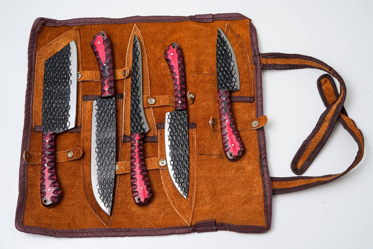 5-Piece Hand-Forged Kitchen Knife Set - Dragon Scale Carbon Steel - Red Diamond Wood Handles & Leather roll 