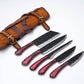 5-Piece Hand-Forged Kitchen Knife Set - Dragon Scale Carbon Steel - Red Diamond Wood Handles & Leather roll 
