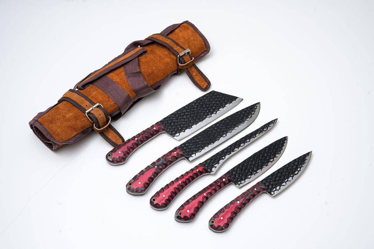 5-Piece Hand-Forged Kitchen Knife Set - Dragon Scale Carbon Steel - Red Diamond Wood Handles & Leather roll 