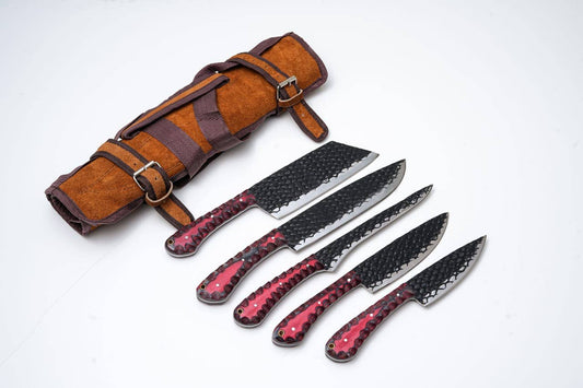 5-Piece Hand-Forged Kitchen Knife Set - Dragon Scale Carbon Steel - Red Diamond Wood Handles & Leather roll 