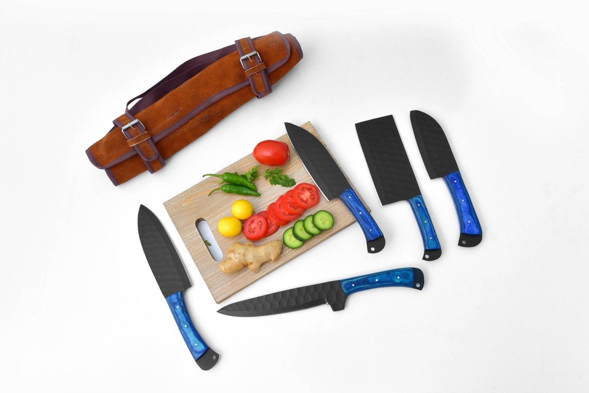 5-Piece Knife Set / With Leather carry Bag: Blue - The Mustard Seed Collection, The Seed