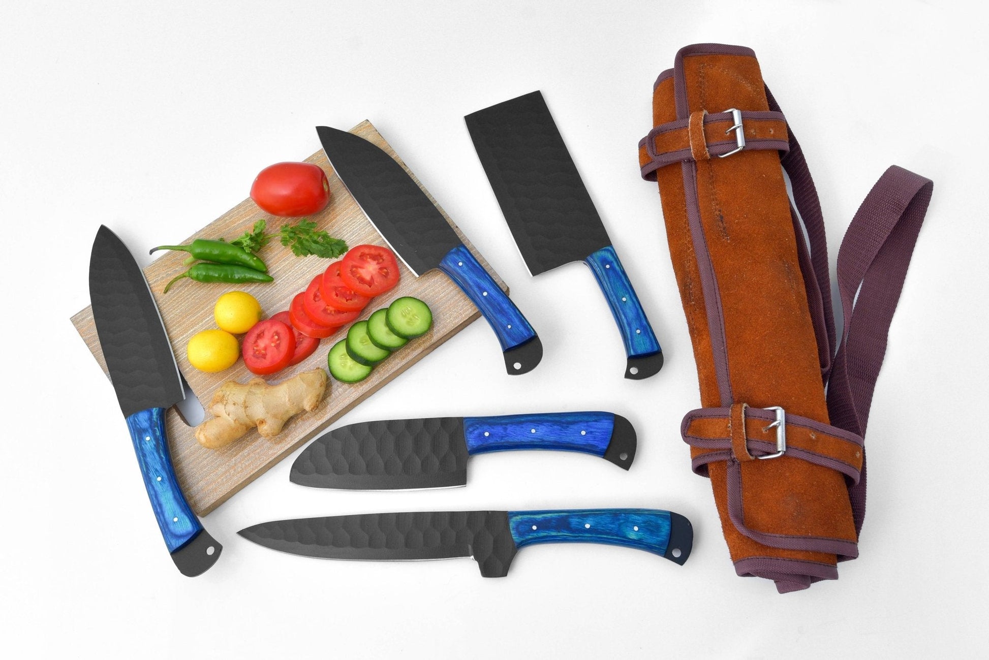 5-Piece Knife Set / With Leather carry Bag: Blue - The Mustard Seed Collection, The Seed