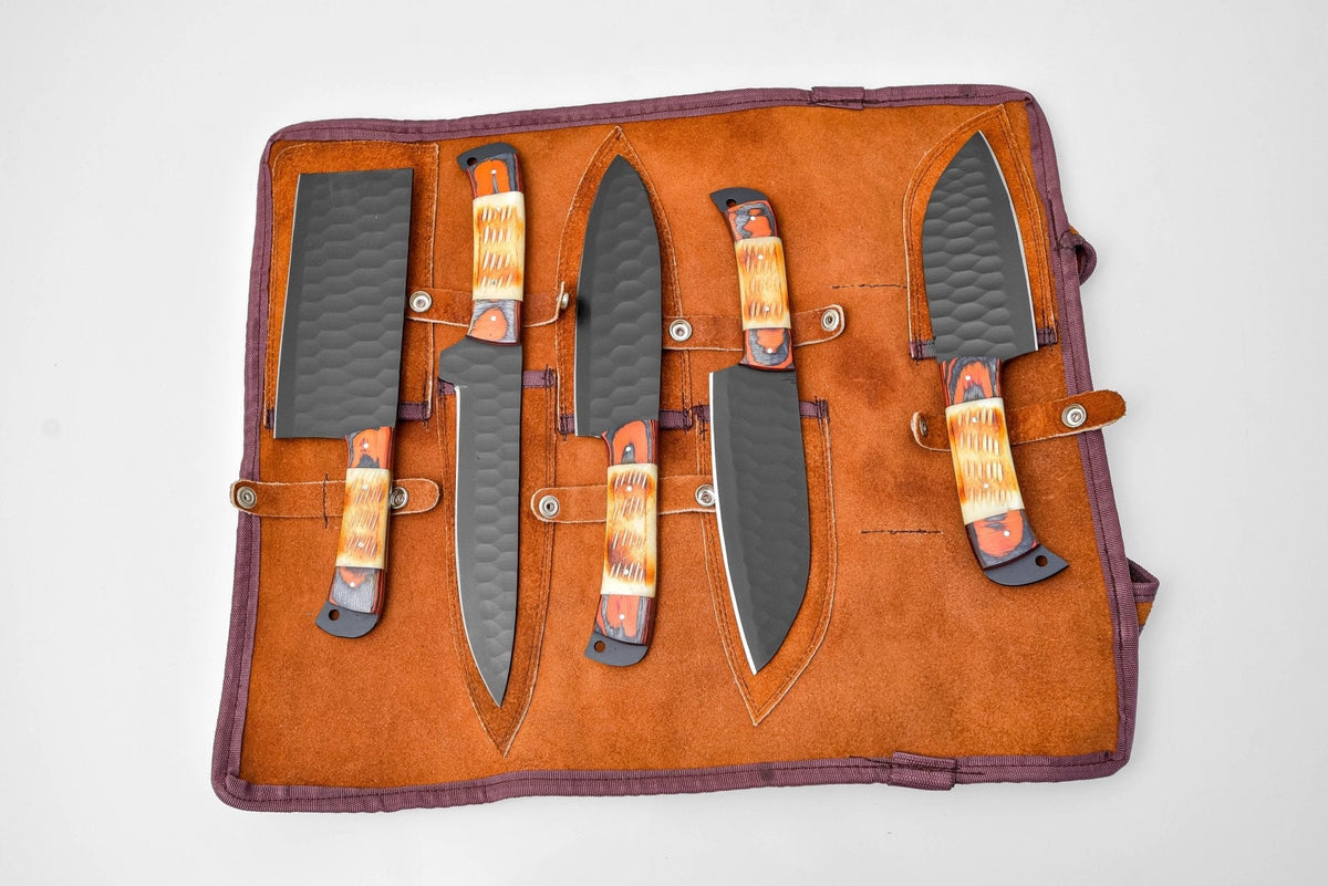 5-Piece Knife Set / With Leather carry Bag Burnt Bone - The Mustard Seed Collection, The Seed