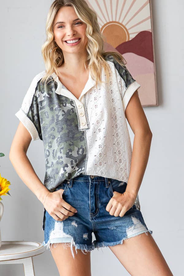 Camo Animal Lace Contrast Button Front Short Sleeve Top