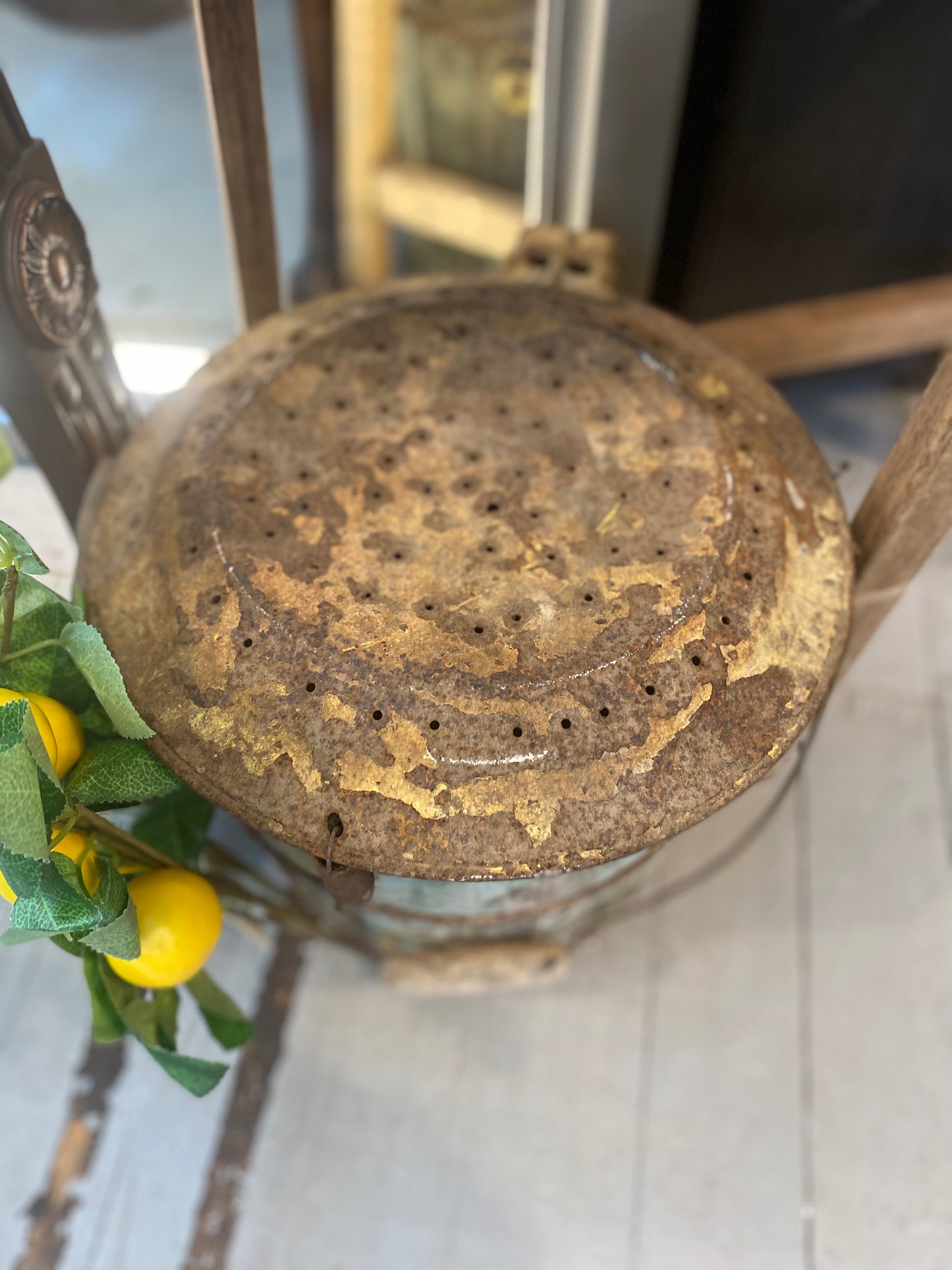 Antique Primitive Wooden Bait Bucket with Metal Lid