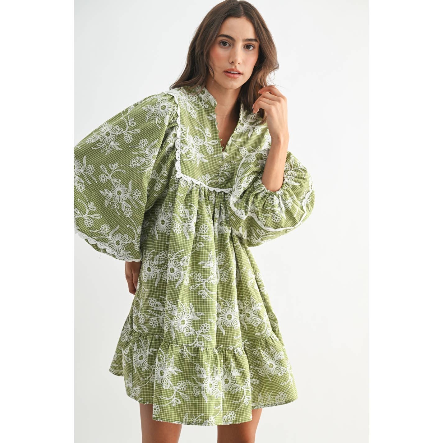 Embroidered Dress with Balloon Sleeves: Green