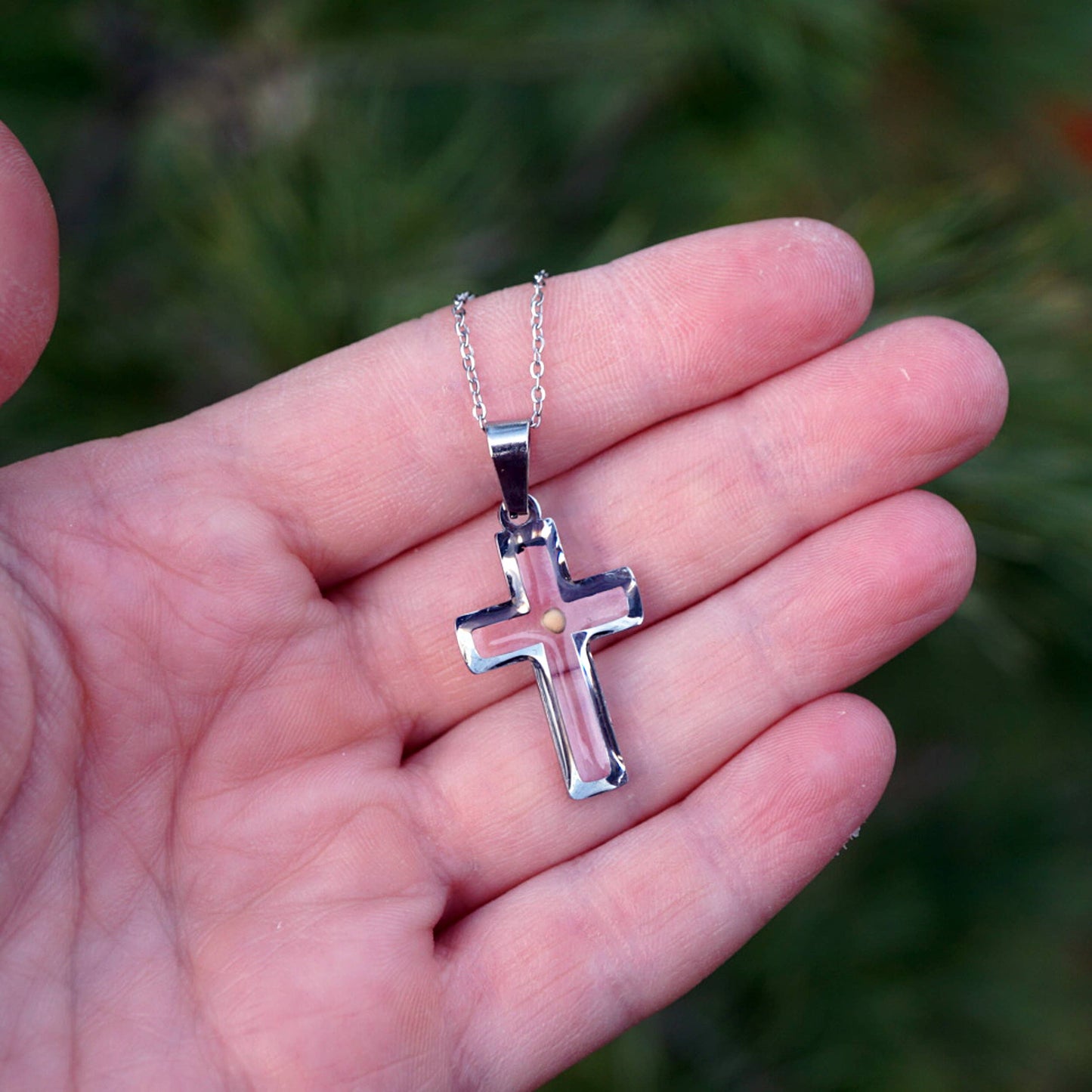 Cross Mustard Seed Necklace: Stainless Steel / 18" chain