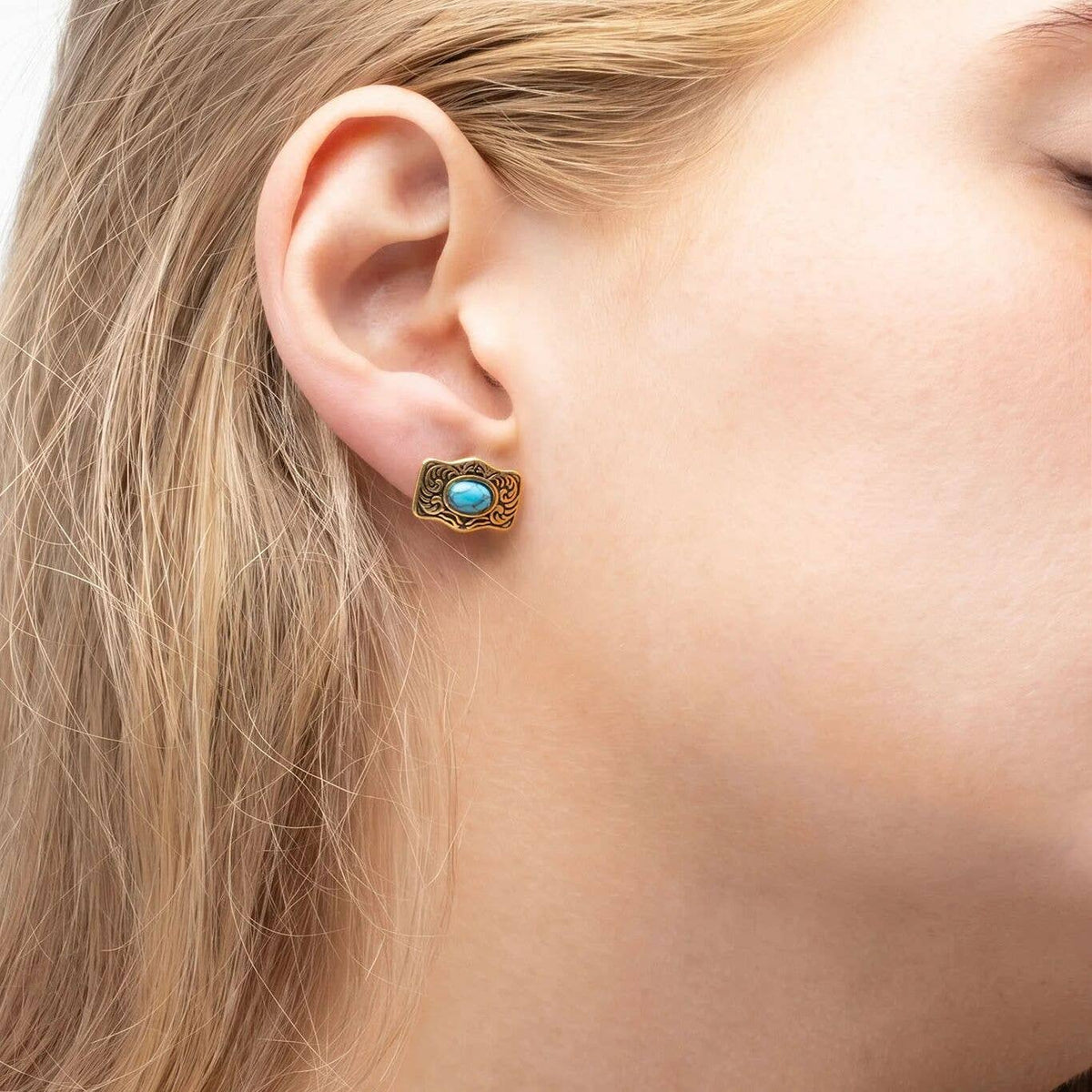 Gold Stainless Steel Turquoise Stone Buckle Stud Earrings: Stainless WJW