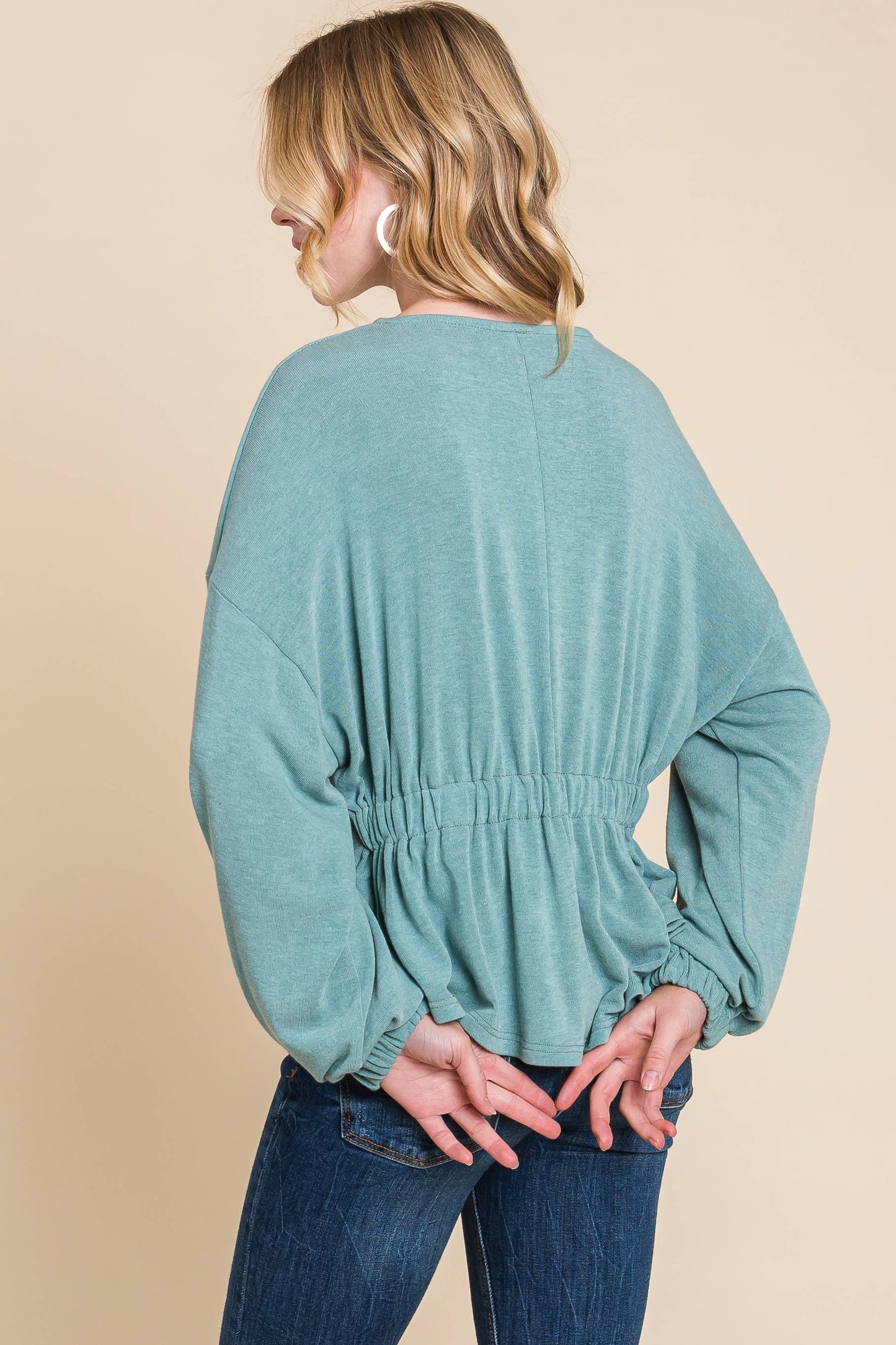 Sage Solid Ruched Back Casual Top