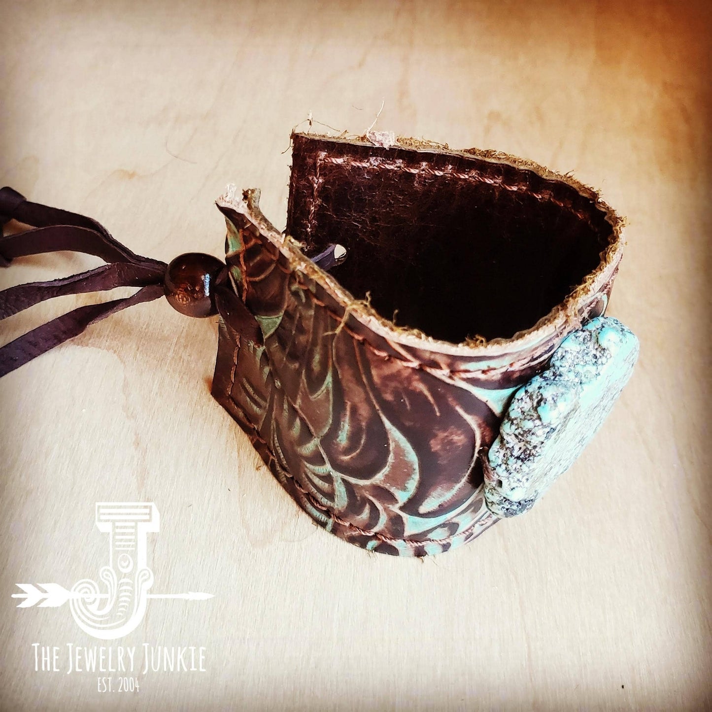 Leather Cuff With Tie-turquoise Brown Floral