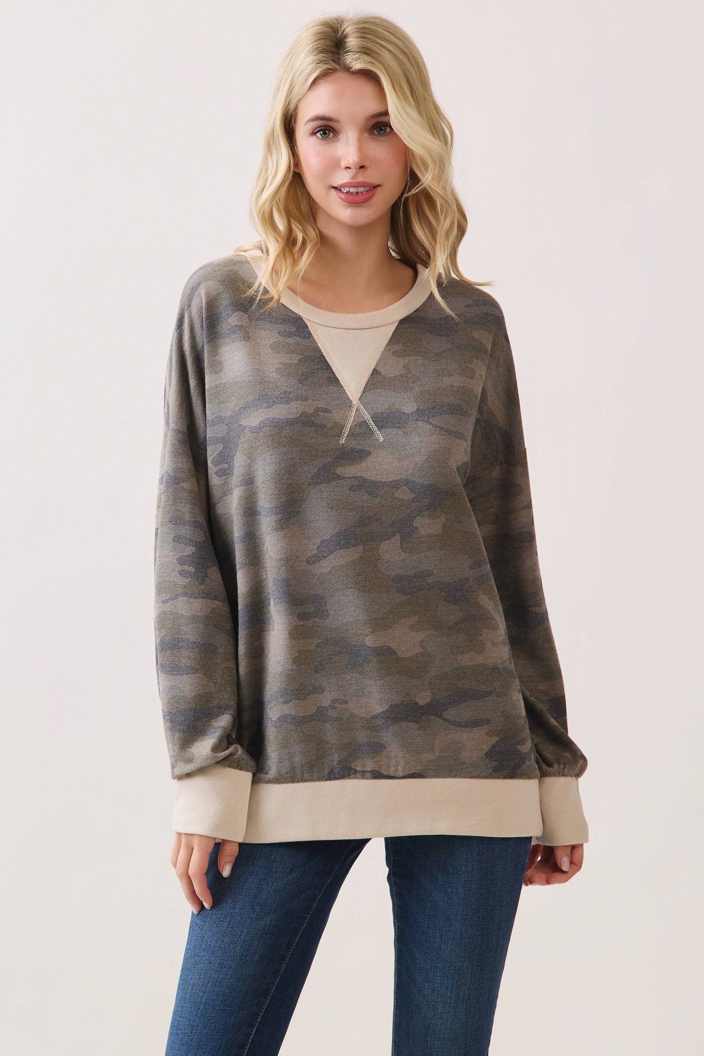 Camo Terry Knit Pullover Top: Camo/Beige