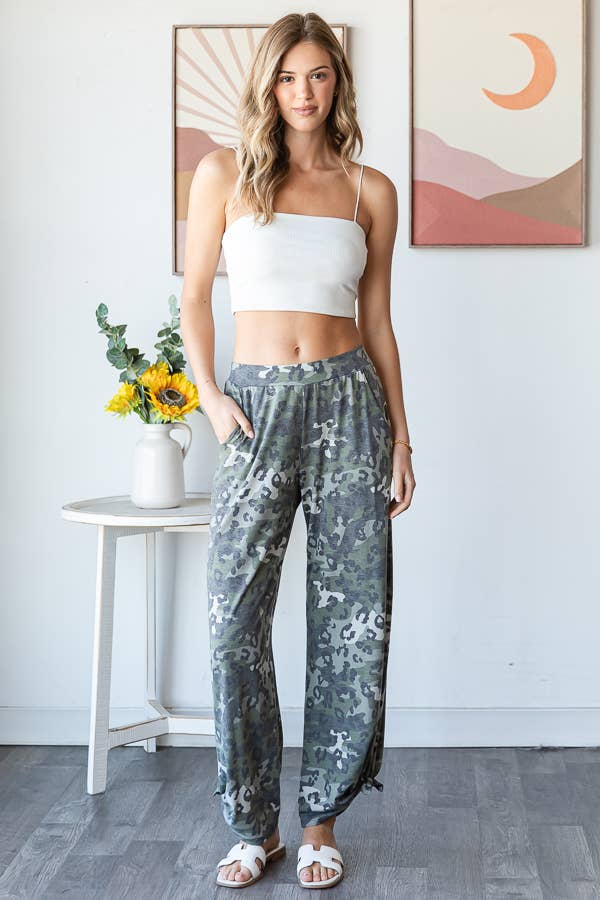 Leopard Camo Side Slit Ankle Tie Pants