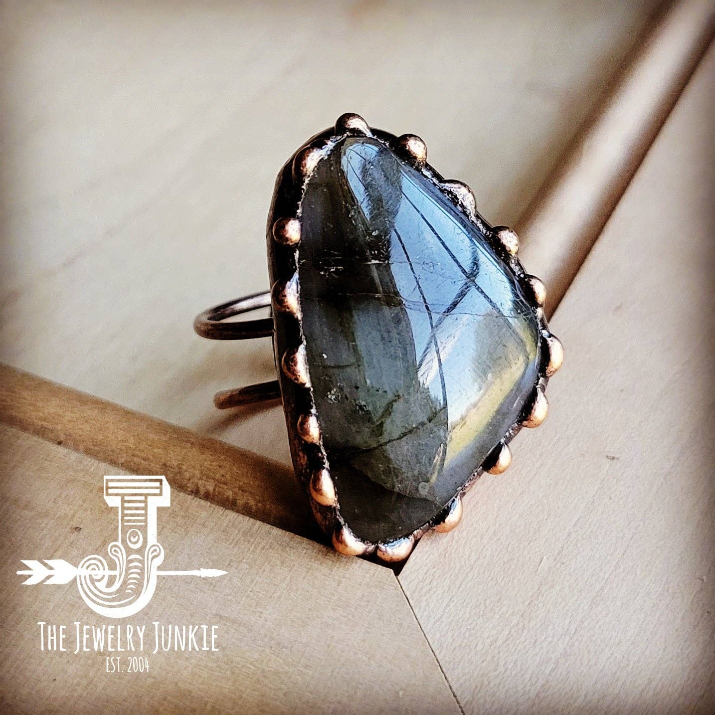 Genuine Labradorite Ring set in Antique Copper Gray/Black