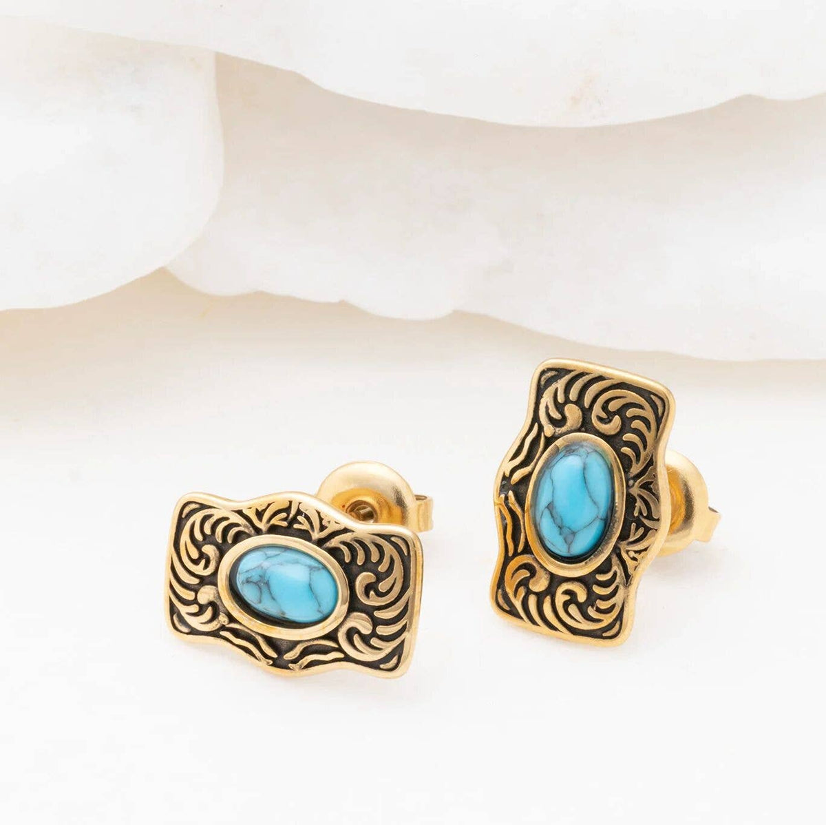 Gold Stainless Steel Turquoise Stone Buckle Stud Earrings: Stainless WJW