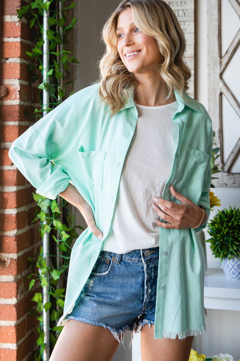 Mint Solid Frayed Hem Long Sleeve Button Down Shirt